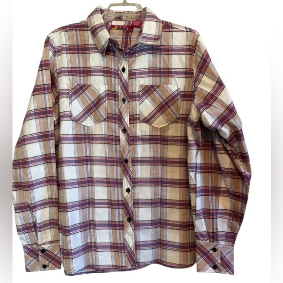 BTC Tops - BTC Red & Tan Plaid Flannel Casual Shirt Size Large